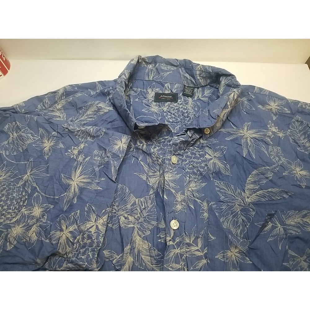 Arrow Mens XL Short Sleeve Button Up Shirt Blue Hawaiian Floral Pineapple